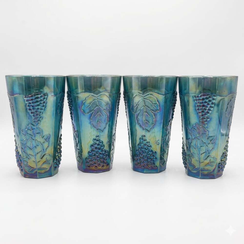 Vintage Indiana Glass Harvest Blue Iridescent Grape Tumblers Set of 4